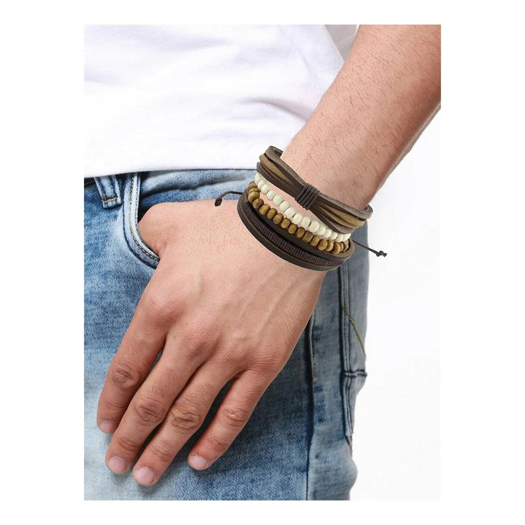 Brown Bead Multi-Strand Leather Wrist Band Strap Bracelet for Bikers