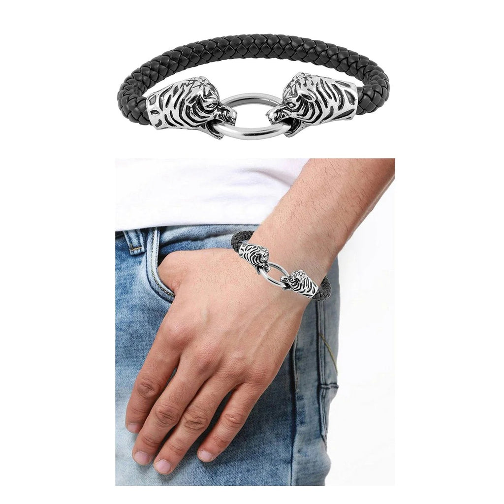 Bold Lion Dragon Punk 316L Stainless Steel Leather Bracelet Wrist Band for Men