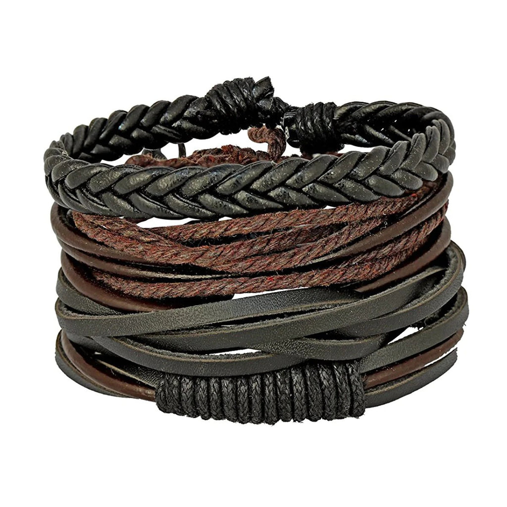 Stylish Brown and Black Leather Strand Wrist Band Bracelet for Men