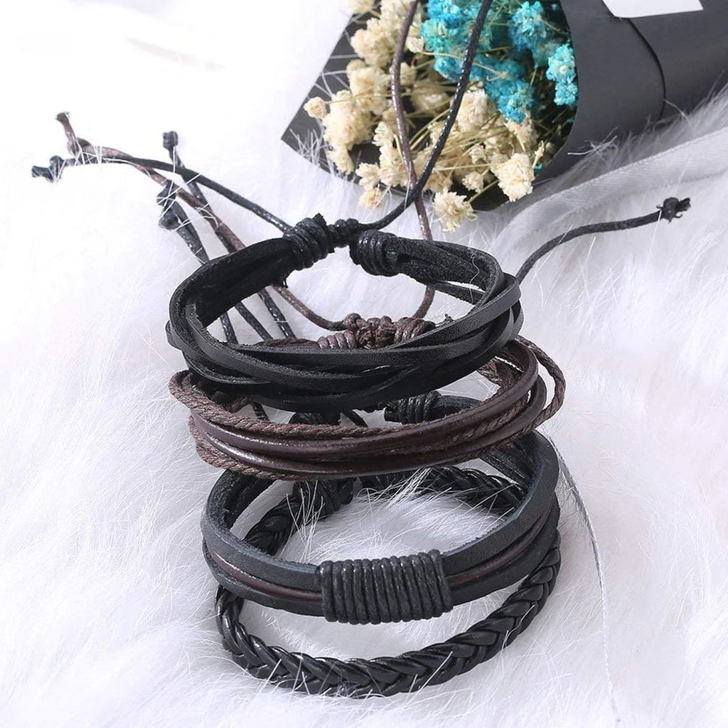 Stylish Brown and Black Leather Strand Wrist Band Bracelet for Men