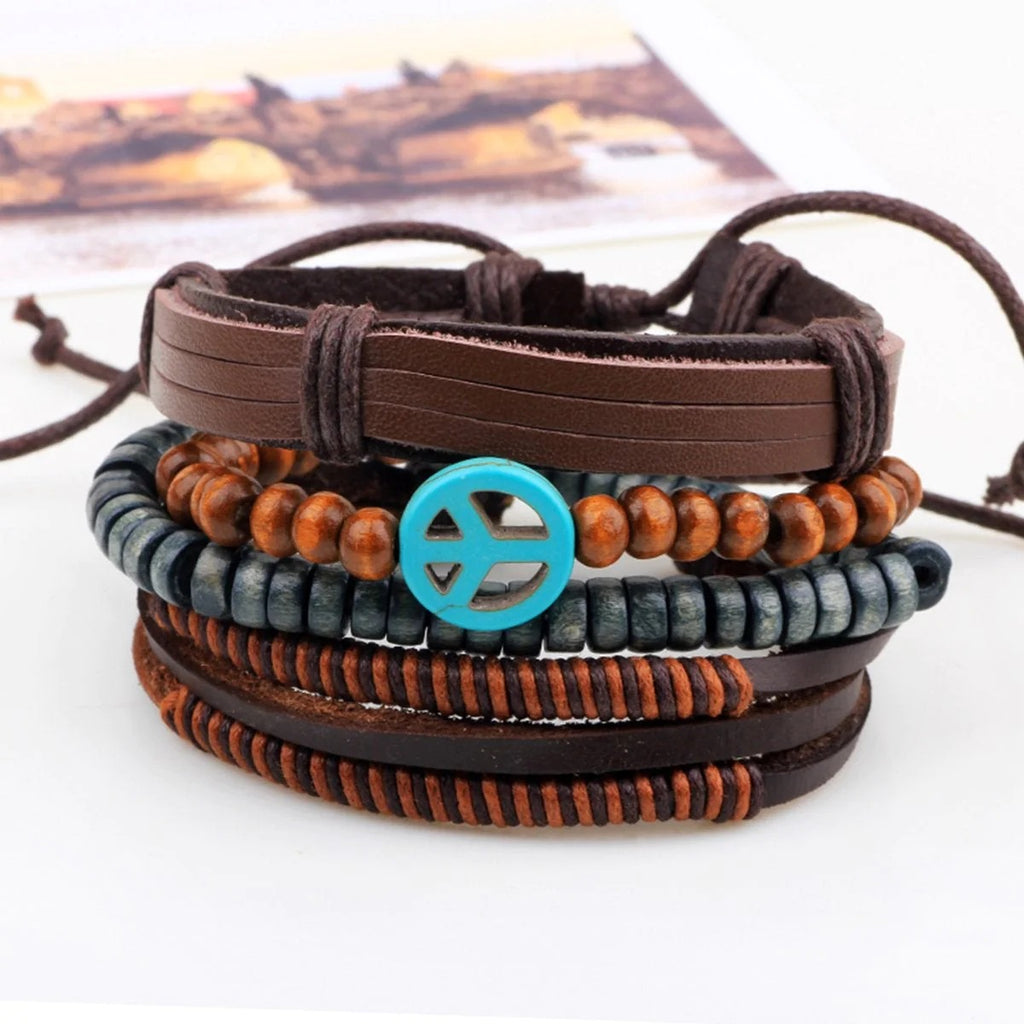 Artisan-Crafted Brown Leather Multi-Strand Wrist Band Bracelet for Men with Peace Symbol