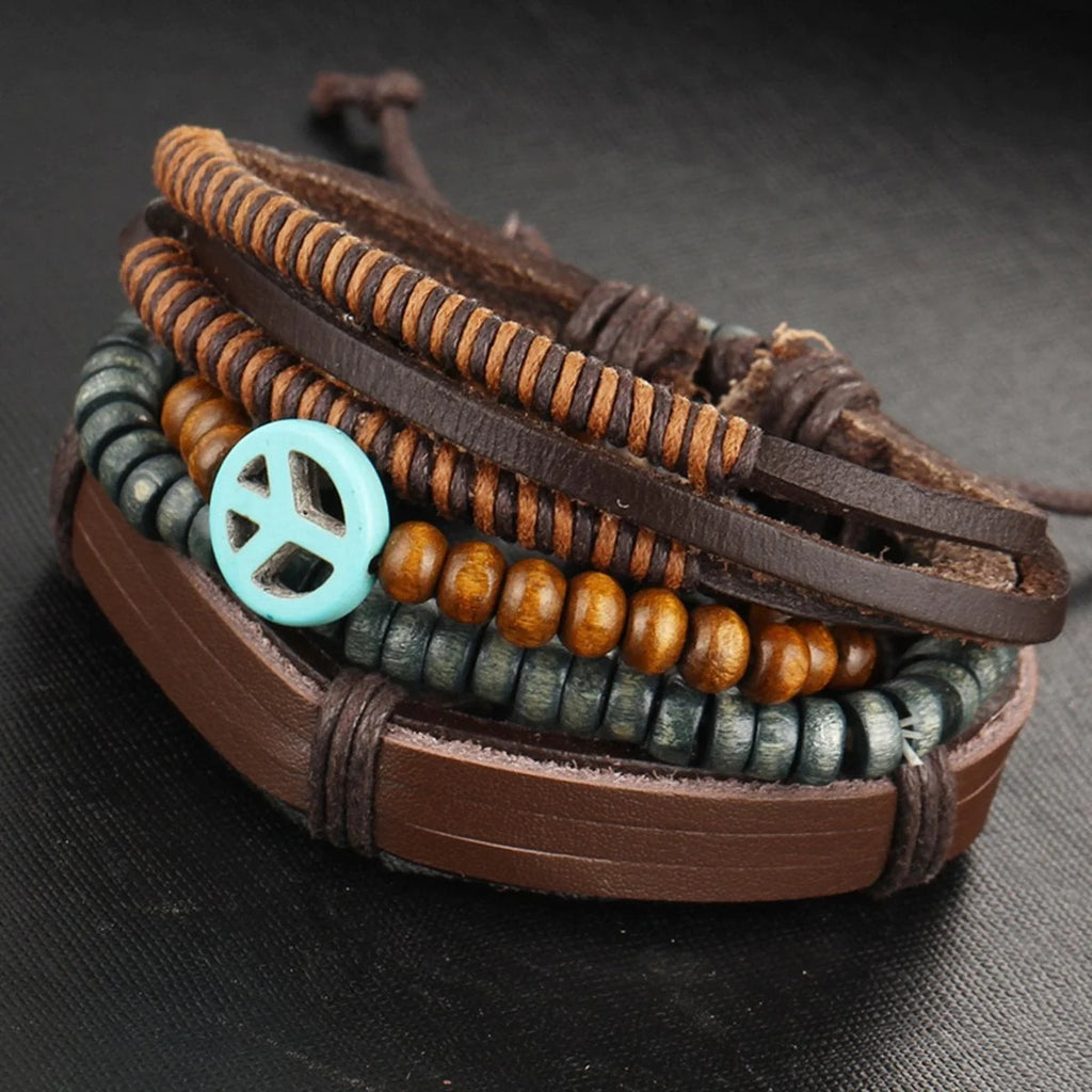 Artisan-Crafted Brown Leather Multi-Strand Wrist Band Bracelet for Men with Peace Symbol