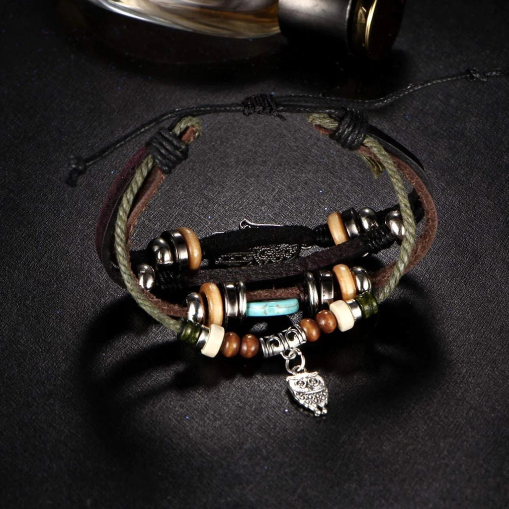 Serenity Hamsa Black Leather Multi Strand Wrist Band Bracelet