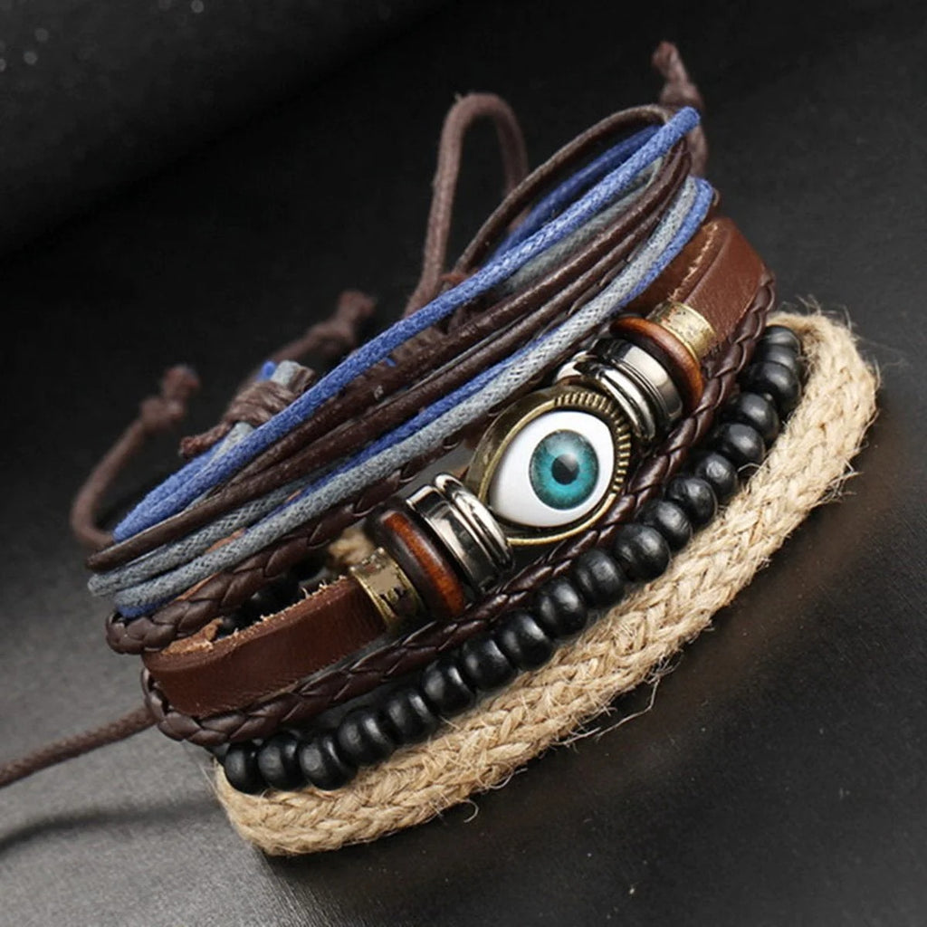 Eye catching Design Black Leather Multi Strand Charm Wrist Band Bracelet for Men
