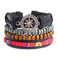 Men's Multi Strand Black Leather Wrist Band Bracelet with Wood Beads