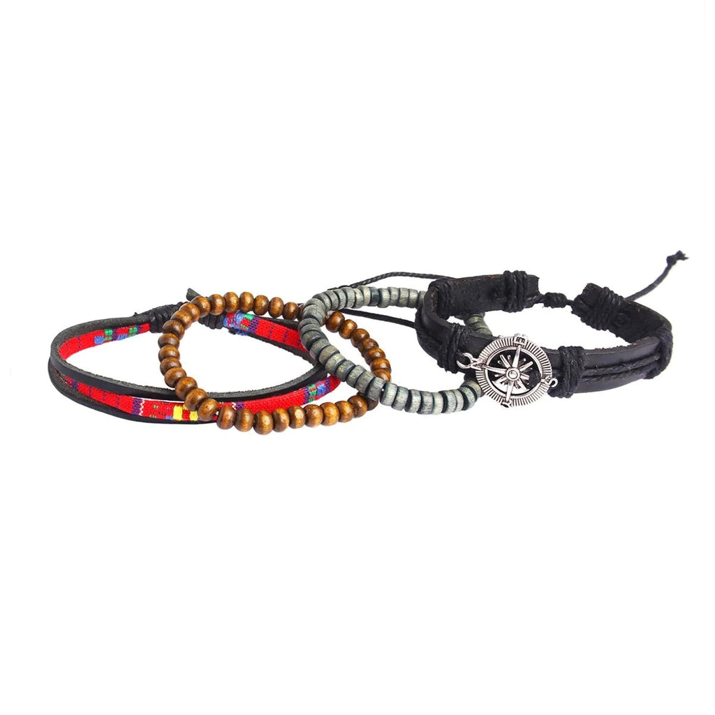 Men's Multi Strand Black Leather Wrist Band Bracelet with Wood Beads