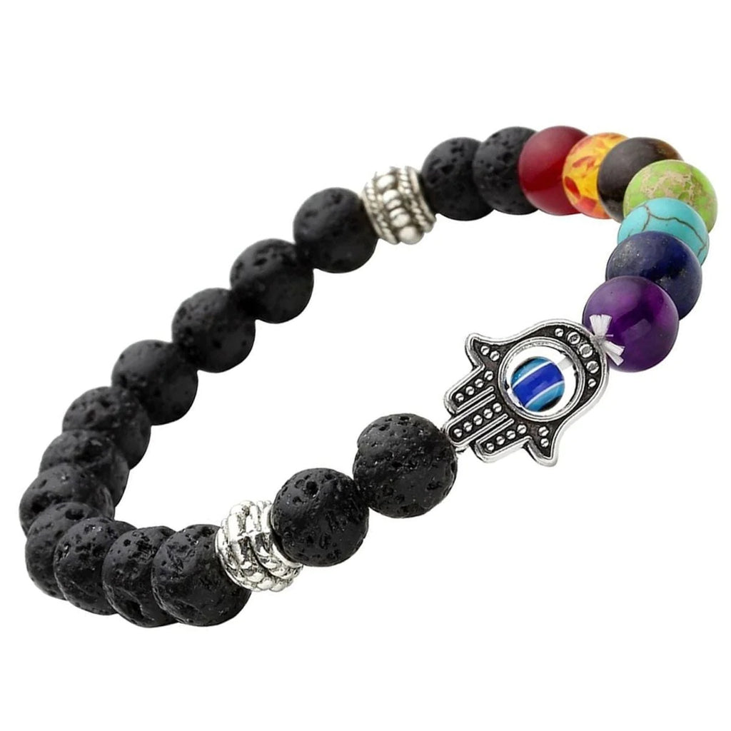 7 Chakra Reiki Onyx Lava Beads Black Distance Bracelet with Hamsa and Evil Eye