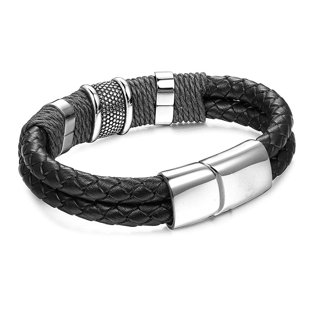 Ruggedly Handsome Rope Braided Brown Leather Stainless Steel Wrist Band Bracelet for Men