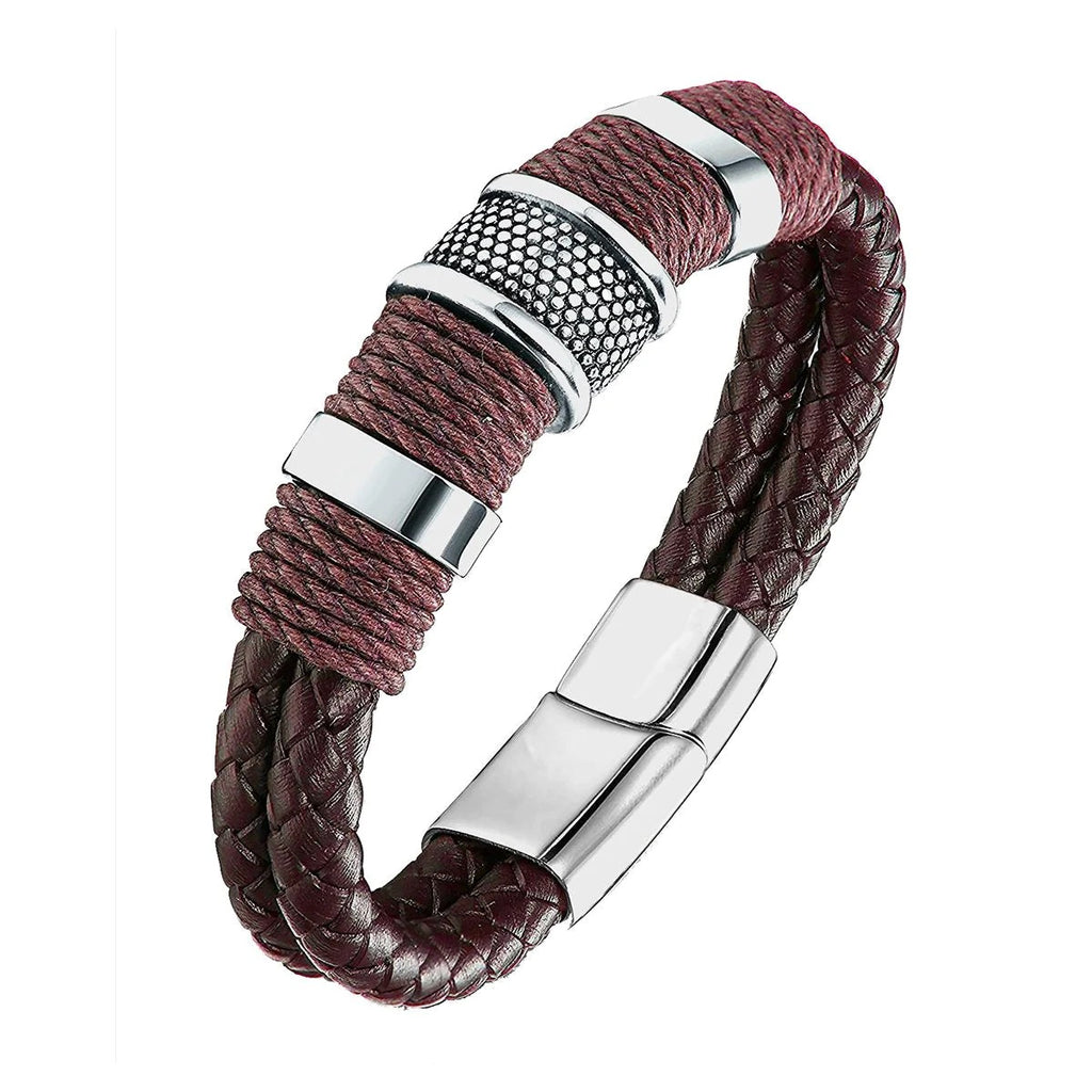 Ruggedly Handsome Rope Braided Brown Leather Stainless Steel Wrist Band Bracelet for Men