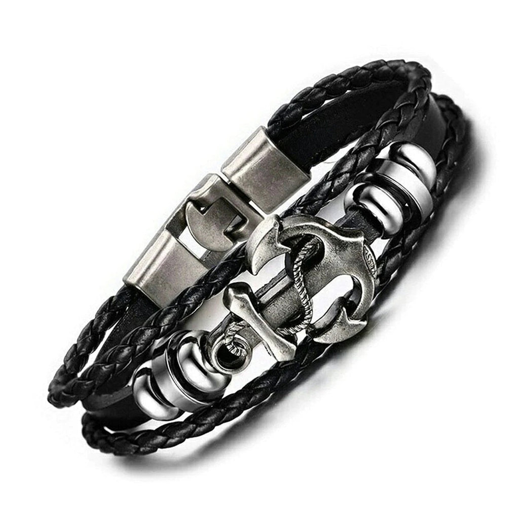 Genuine Black Leather Wrist Band Strand Bracelet with Anchor Braided Design