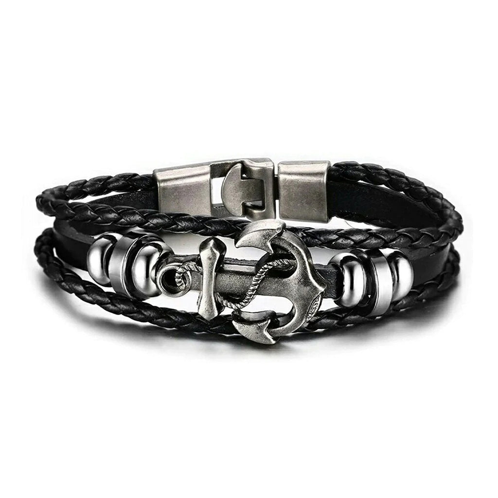 Genuine Black Leather Wrist Band Strand Bracelet with Anchor Braided Design