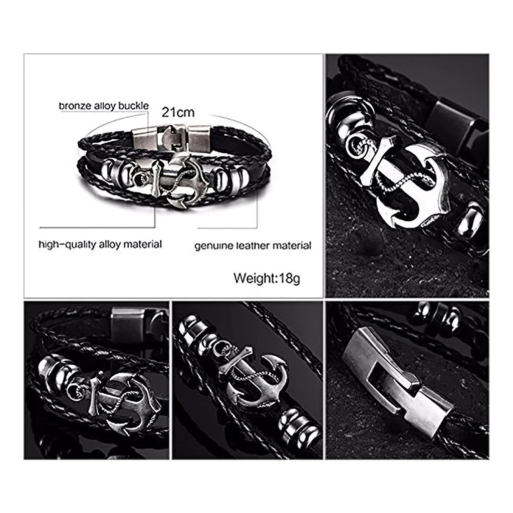 Genuine Black Leather Wrist Band Strand Bracelet with Anchor Braided Design