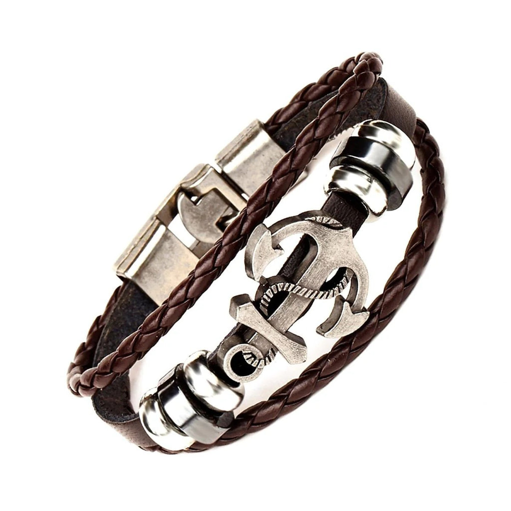 Genuine Black Leather Wrist Band Strand Bracelet with Anchor Braided Design