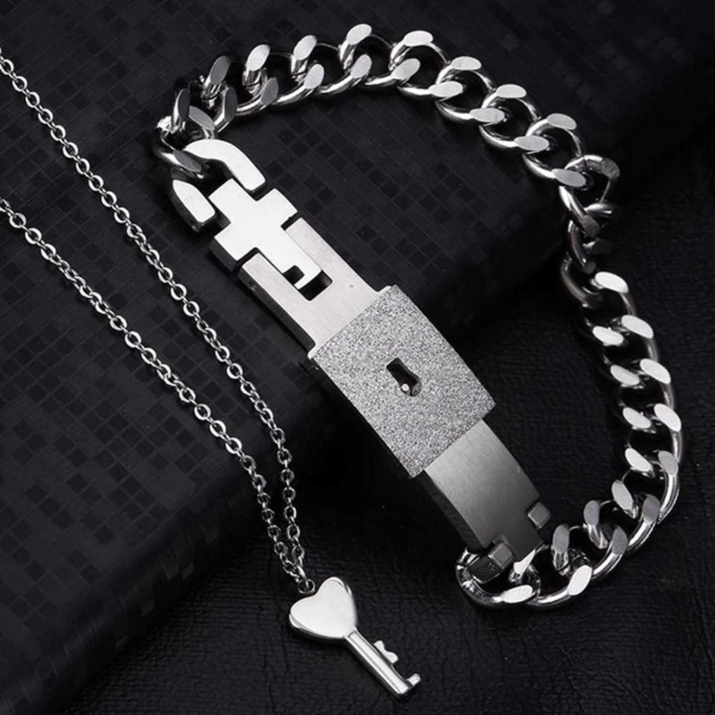 Romantic Couple Lovers I Love You Lock Key Stainless Steel Chain Pendant Combo