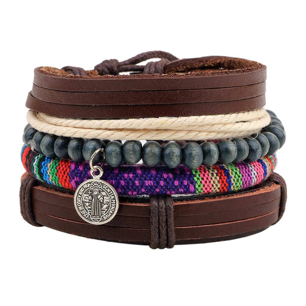 Multi Strand Stackable Braided Leather Charm Wrist Band Bracelet for Men