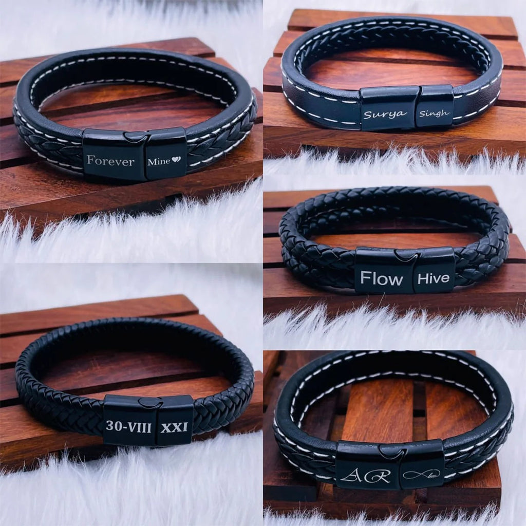 Personalized Engraved Braided Black Leather Multi-Strand Wristband Bracelet for Men