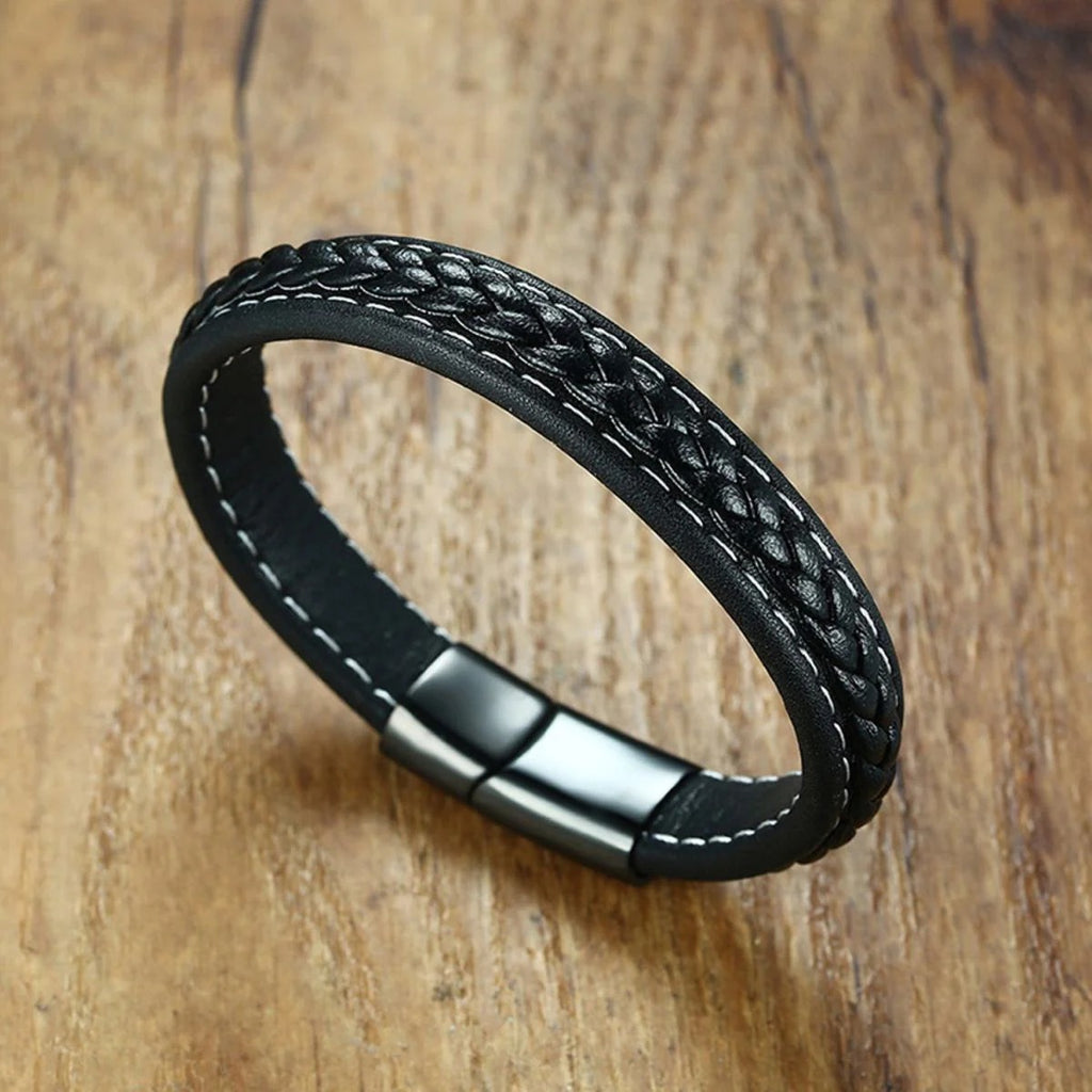 Personalized Engraved Braided Black Leather Multi-Strand Wristband Bracelet for Men