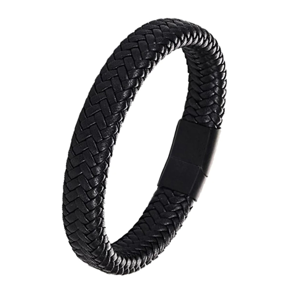Rope Crafted Braided Black Leather Magnetic Clasp Wristband Bracelet For Men