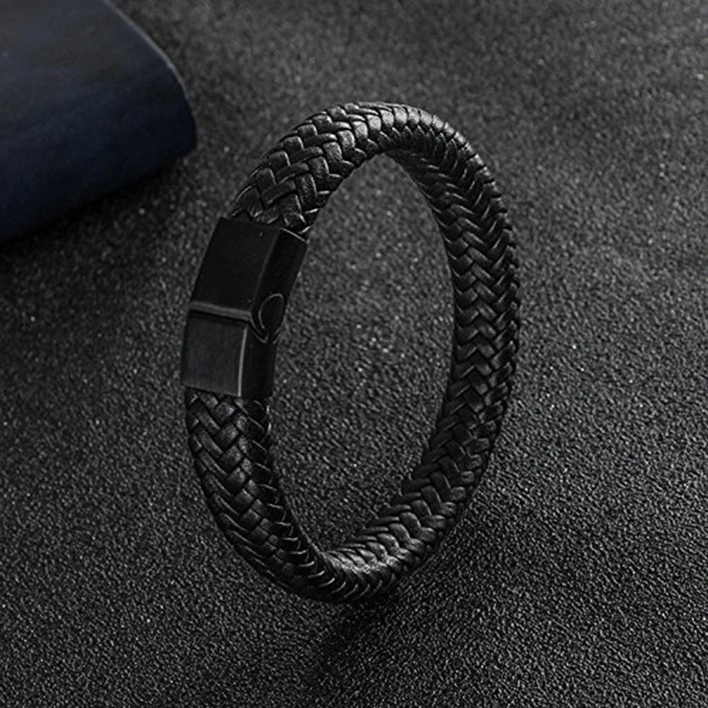 Rope Crafted Braided Black Leather Magnetic Clasp Wristband Bracelet For Men