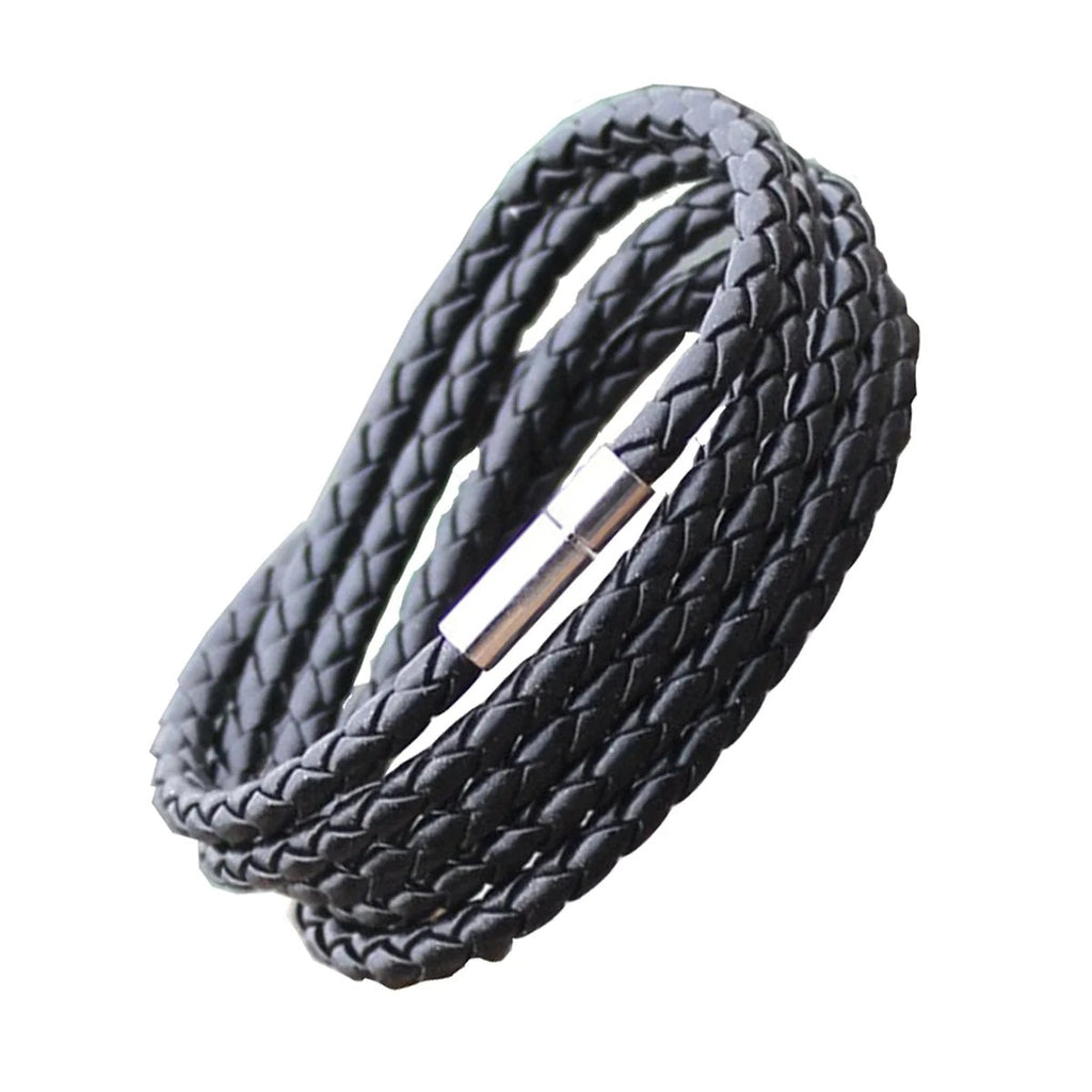 Unisex Braided Crafted Black Leather Wristband - Rope Border Design - Stylish Accessory