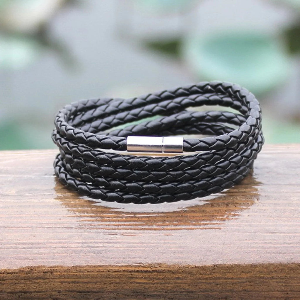 Unisex Braided Crafted Black Leather Wristband - Rope Border Design - Stylish Accessory