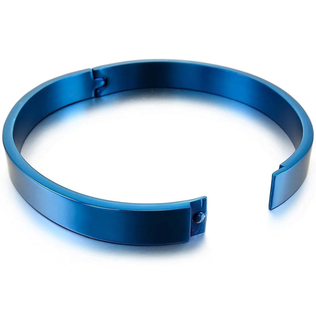 Men's High Polished Blue Stainless Steel Kada Bangle Bracelet With Your Text