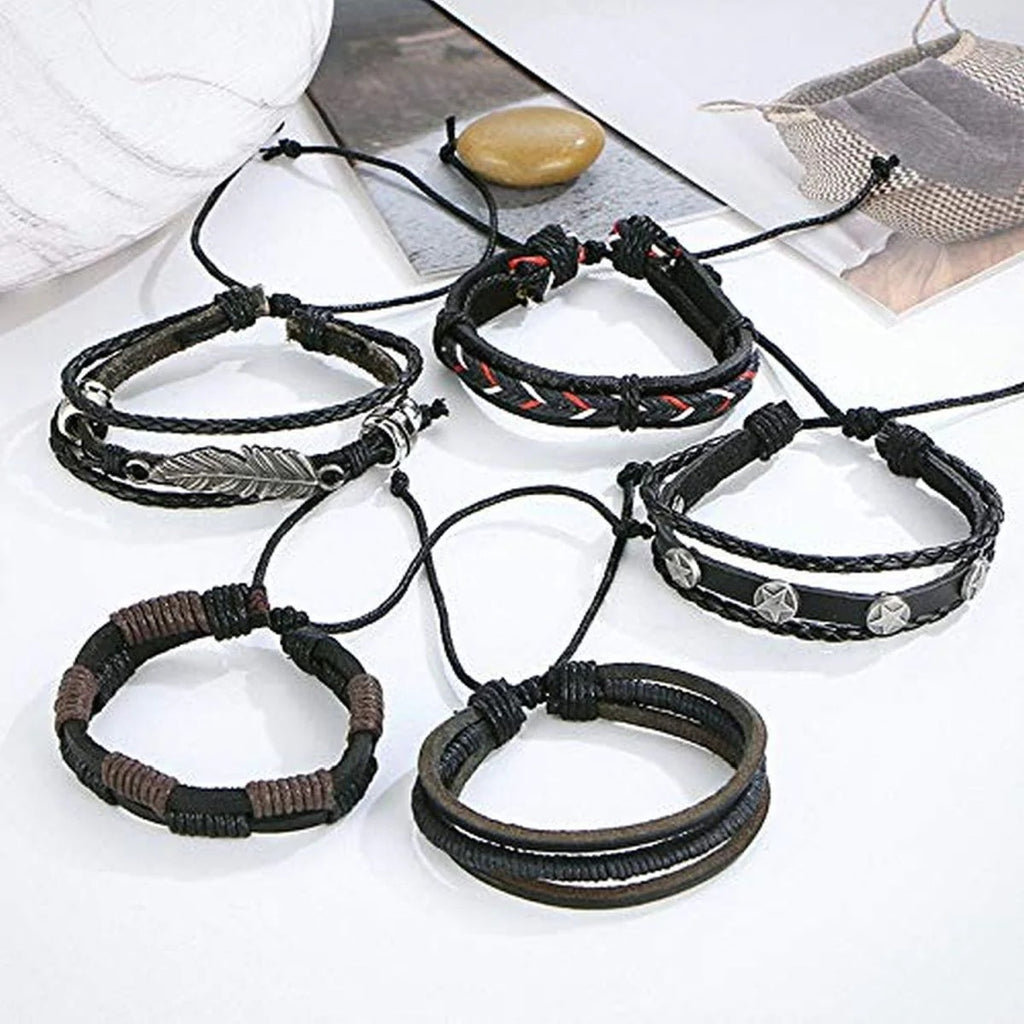 Casual Party Wear Black Leather Wraps Bracelets for Men