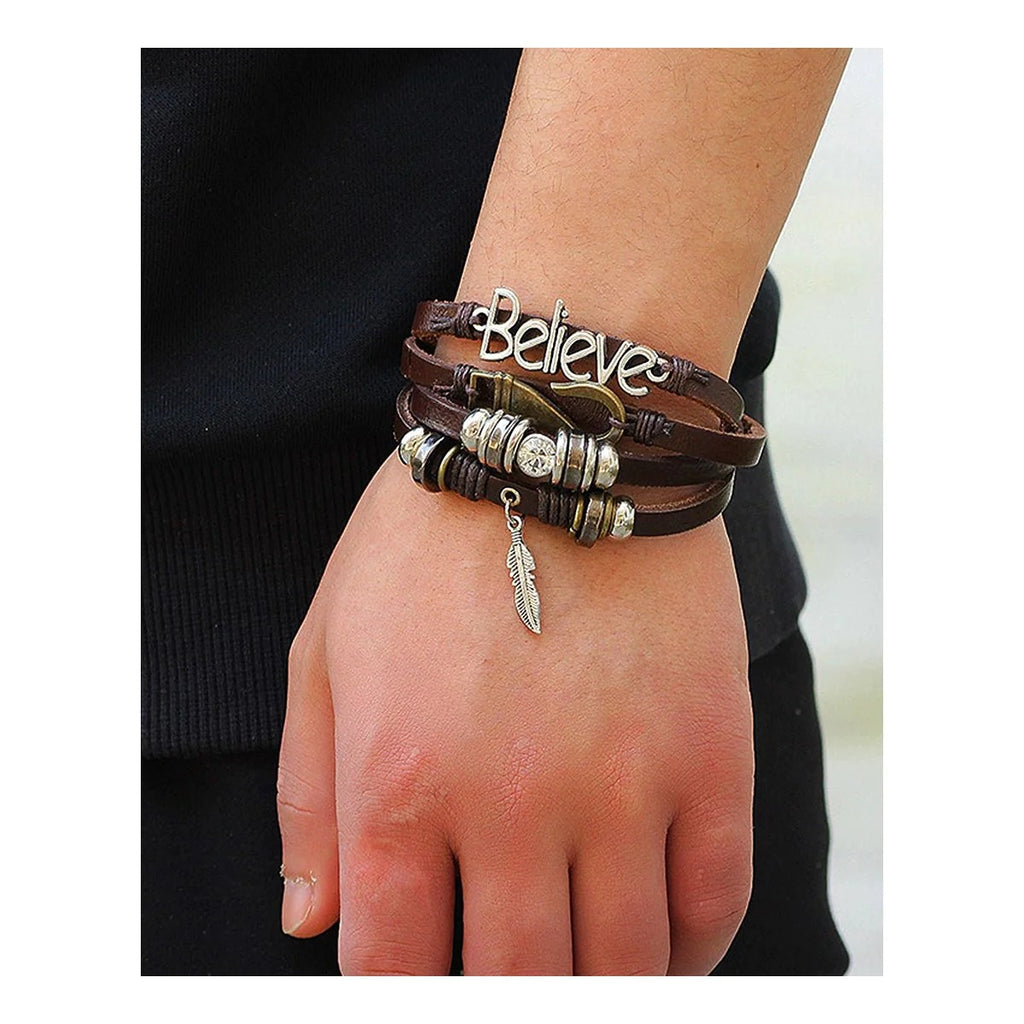 Believe Multi Strand Brown Leather Beads Charm Bracelet for Men