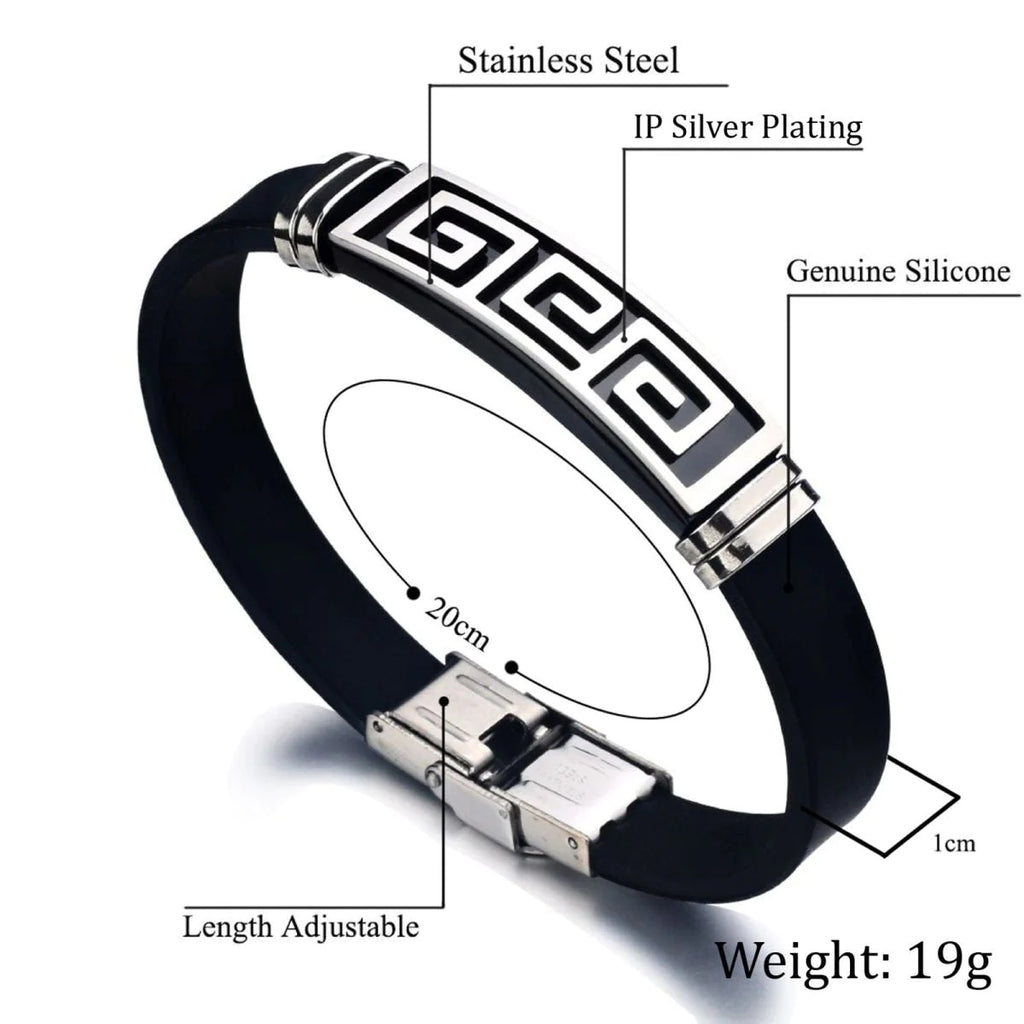 Stylish Silver Black Rubber Silicone Stainless Steel Wristband Bracelet for Men