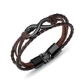 Braided Leather Wrist Band Strand Bracelet with Layered Black Infinity Charms