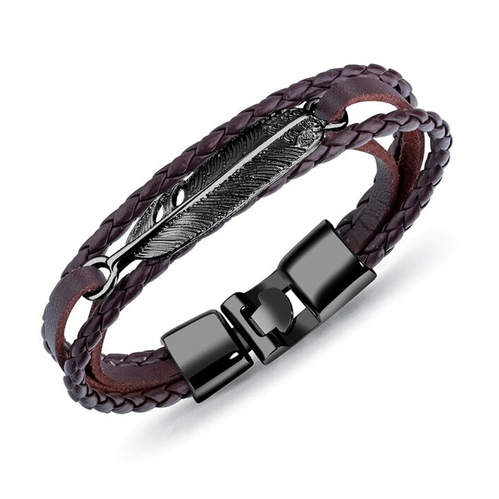 Braided Leather Wrist Band Strand Bracelet with Layered Black Infinity Charms