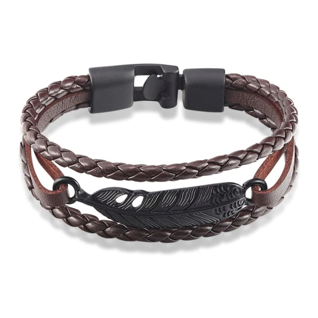 Braided Leather Wrist Band Strand Bracelet with Layered Black Leaf Charms