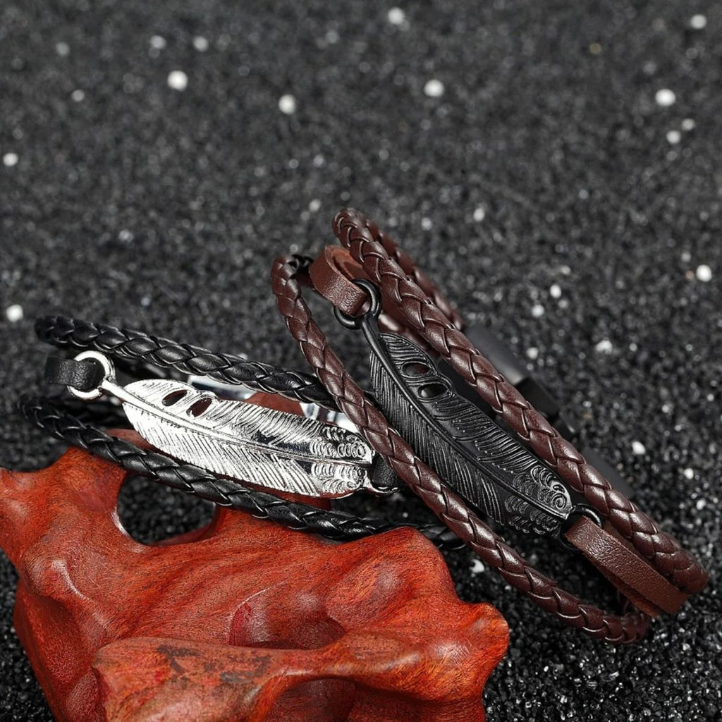 Braided Leather Wrist Band Strand Bracelet with Layered Black Leaf Charms