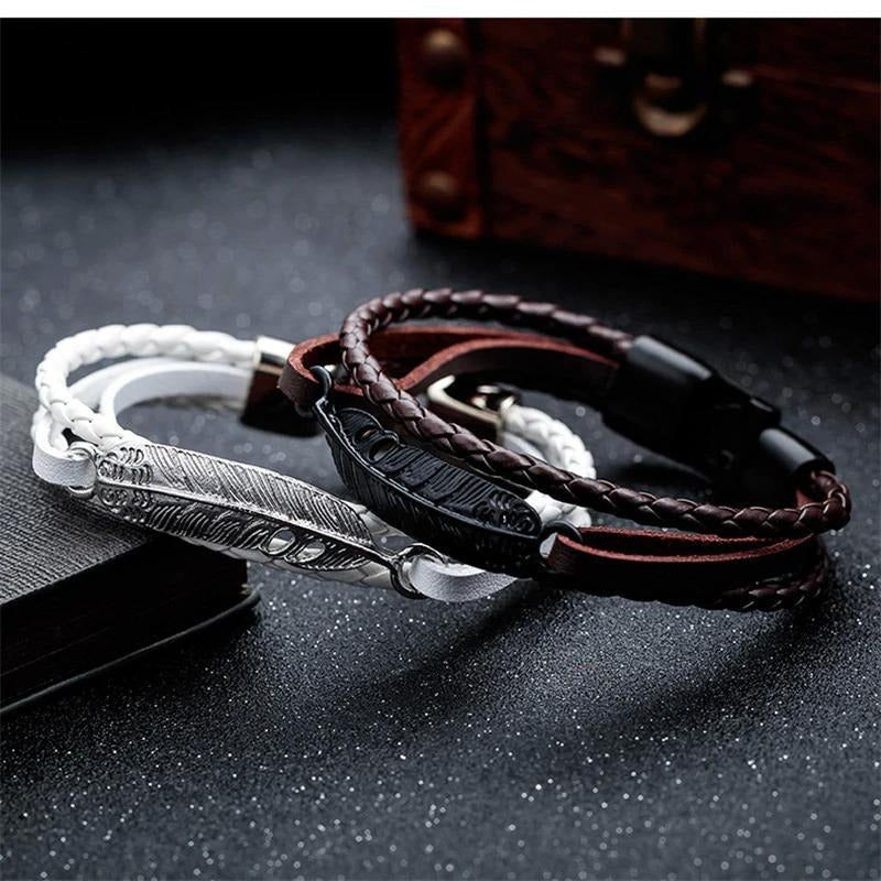 Braided Leather Wrist Band Strand Bracelet with Layered Black Leaf Charms