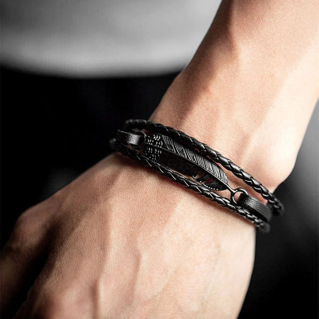 Braided Leather Wrist Band Strand Bracelet with Layered Black Leaf Charms