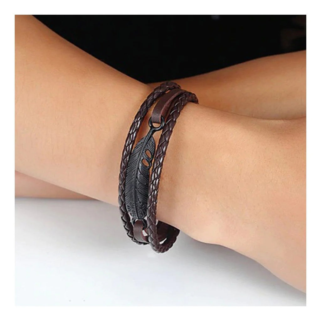 Braided Leather Wrist Band Strand Bracelet with Layered Black Leaf Charms