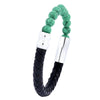 Black Leather Stainless Steel Bracelet with Turquoise Beads for Men