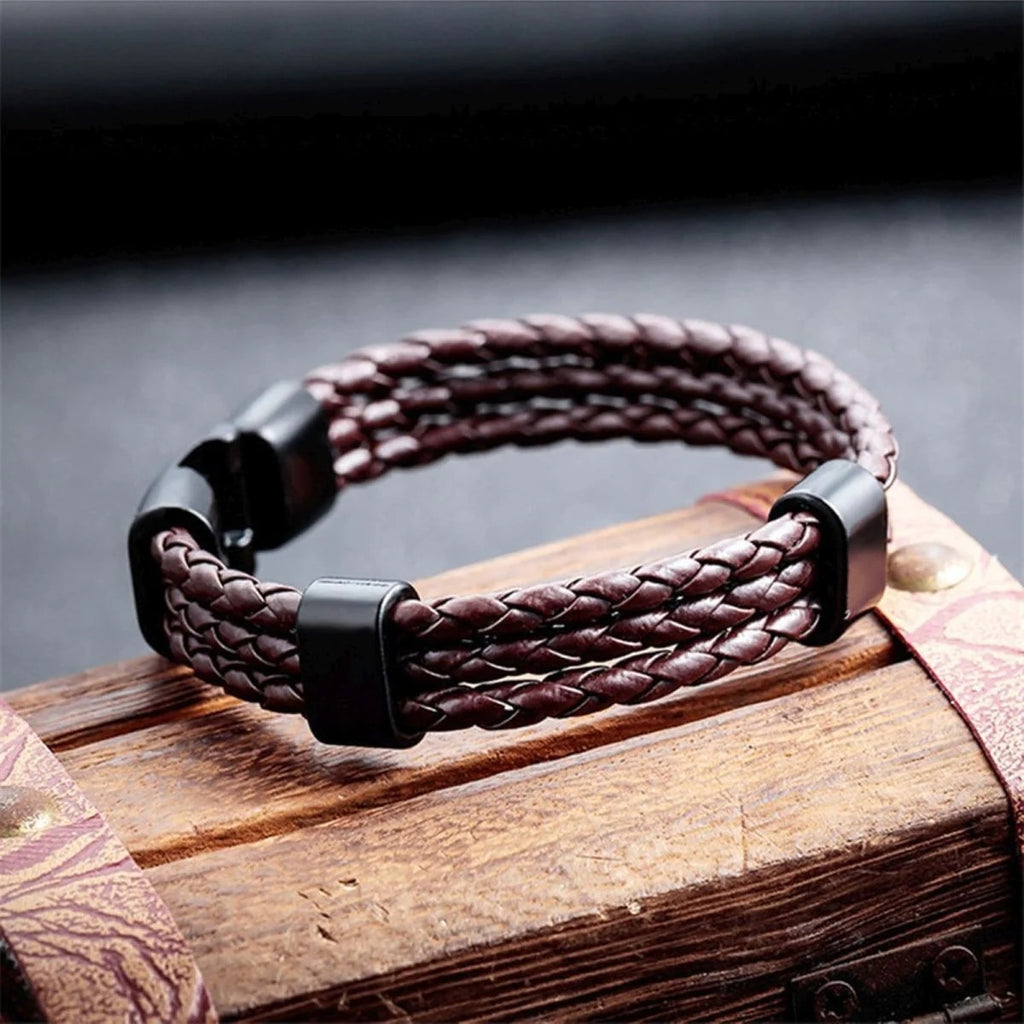 Biker Triple Layer Braided Rope Leather Wristband Wrap Bracelet for Men