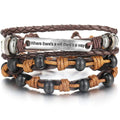 Braided Leather Wrist Band Wrap Around Bracelet with Layered Beads