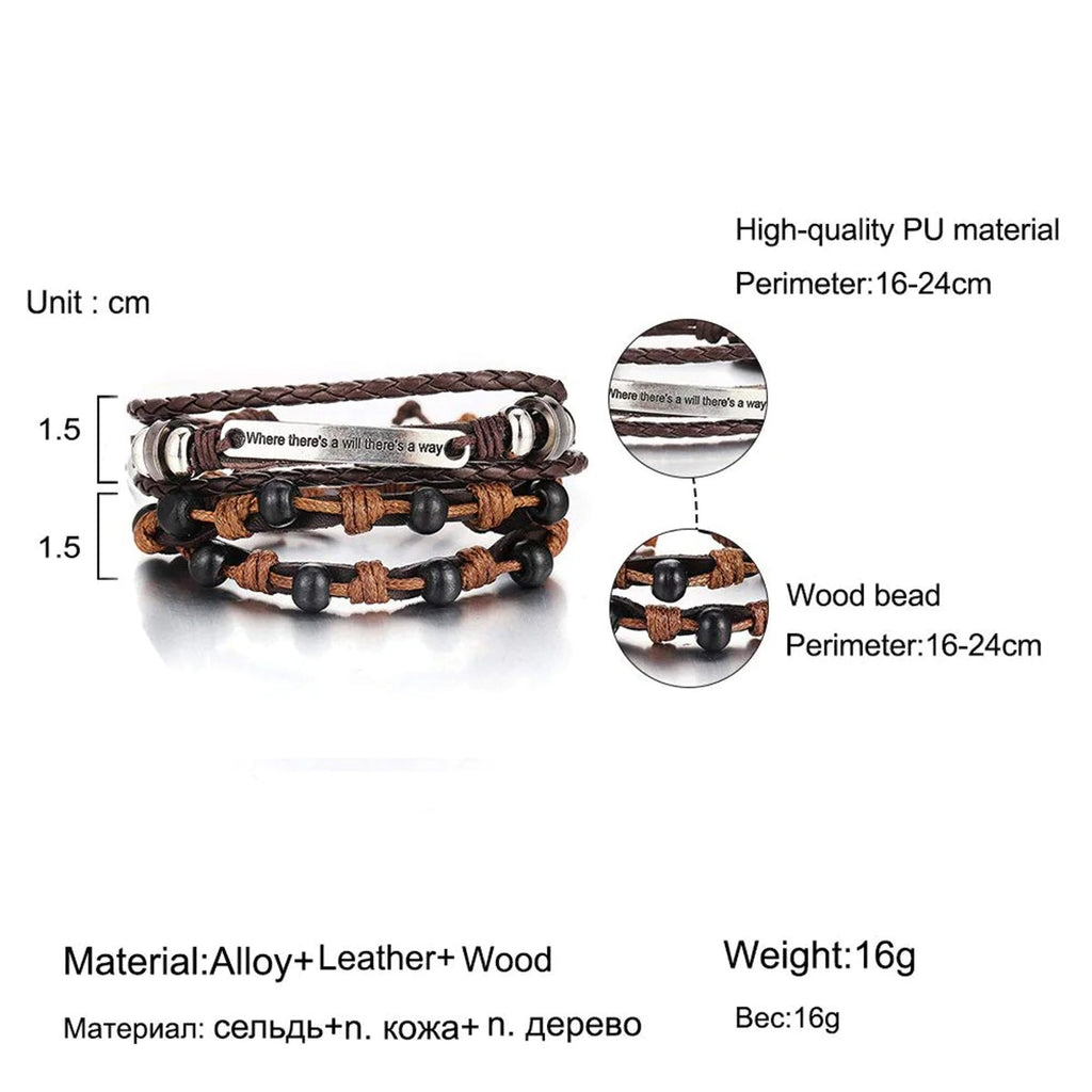 Braided Leather Wrist Band Wrap Around Bracelet with Layered Beads