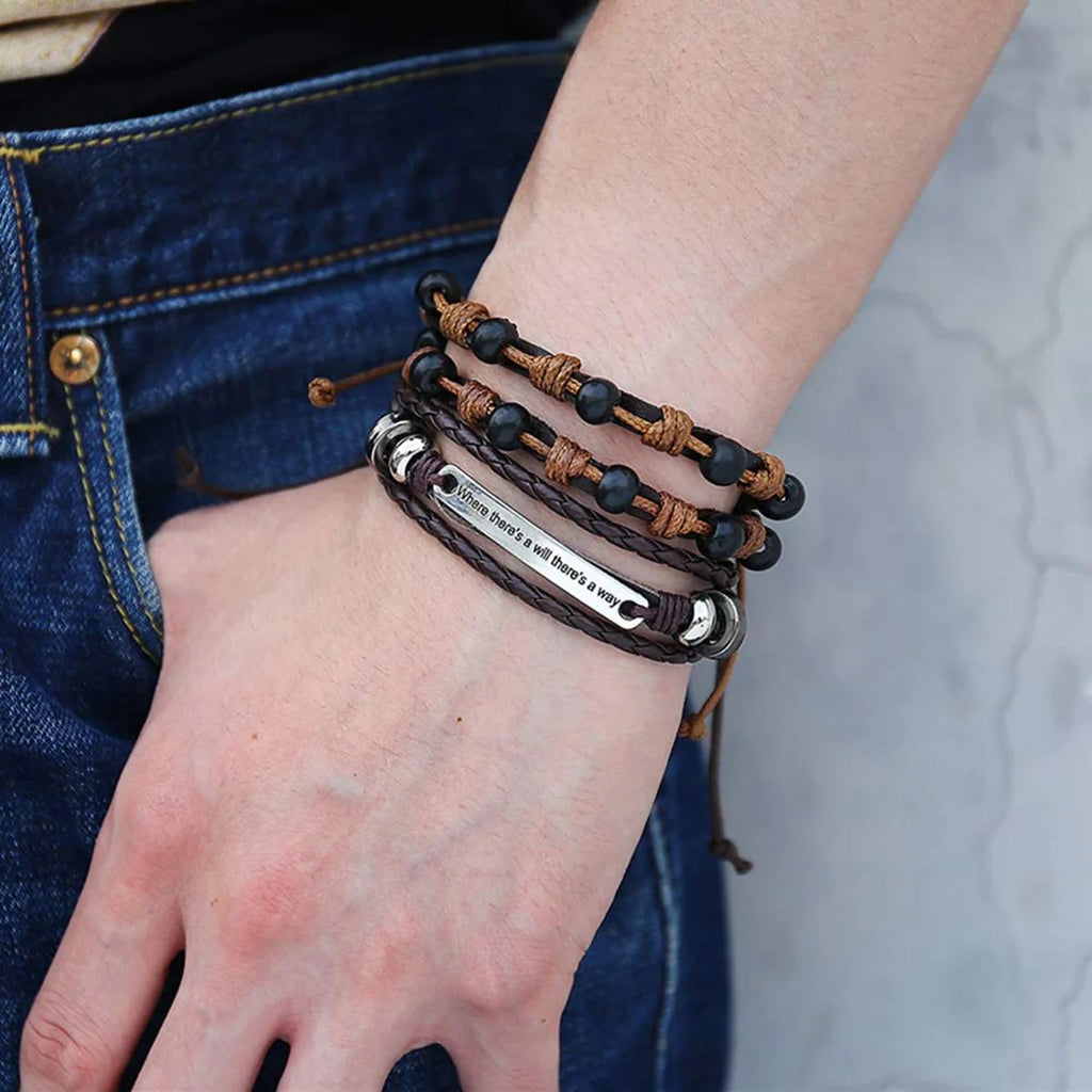 Braided Leather Wrist Band Wrap Around Bracelet with Layered Beads