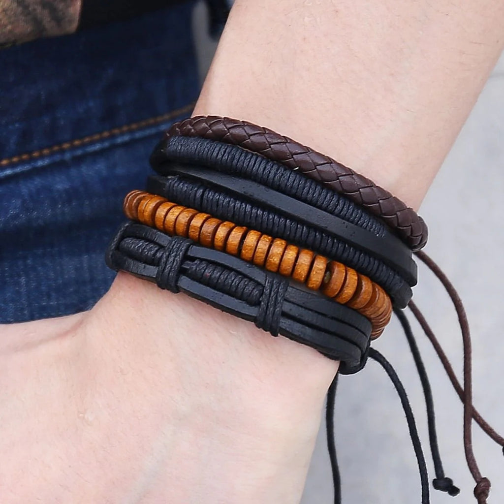 Stackable Multi-Strand Layered Beaded Braided Leather Wrist Band Bracelet