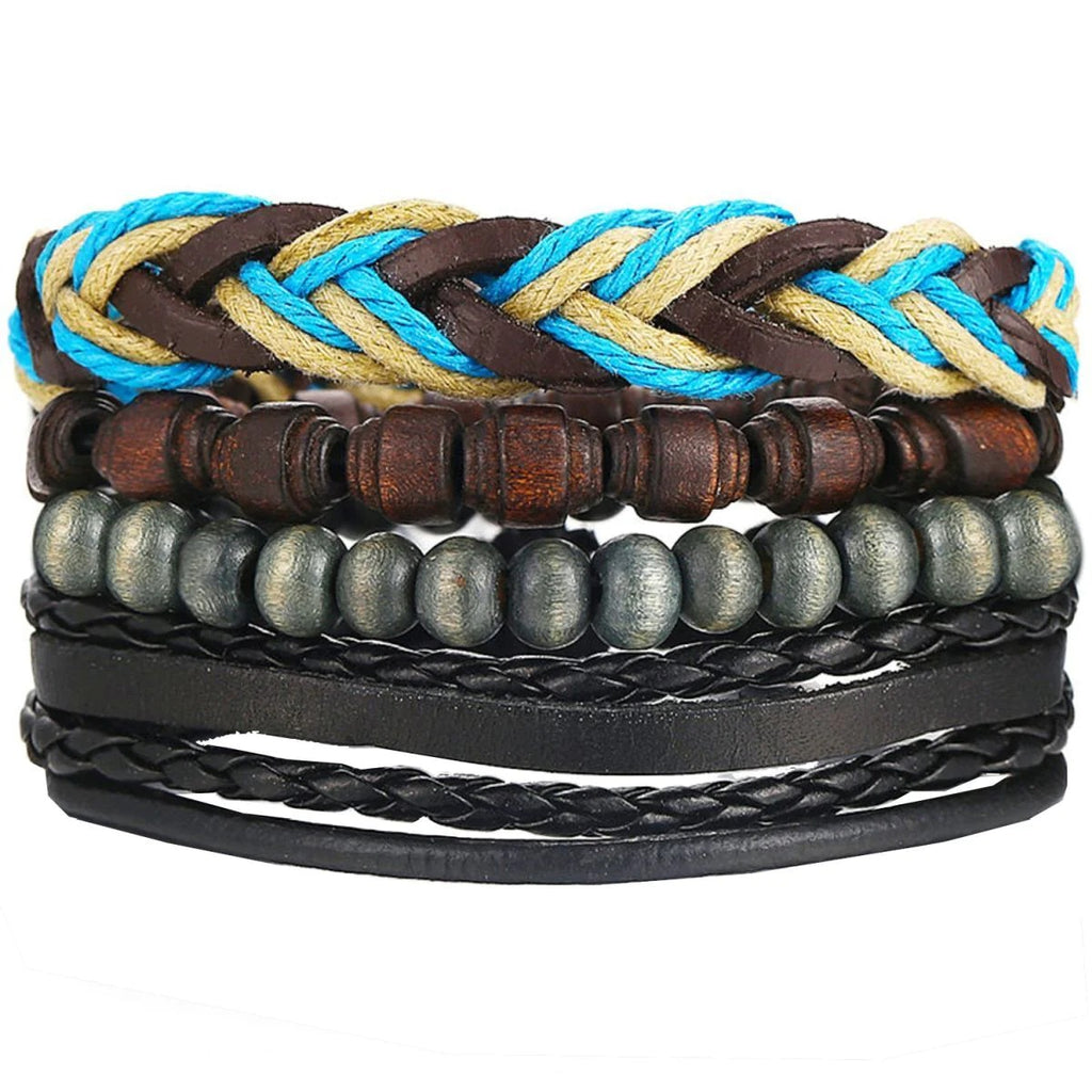 Unisex Multi-Strand Stackable Bracelet with Braided Beads in Black Leather