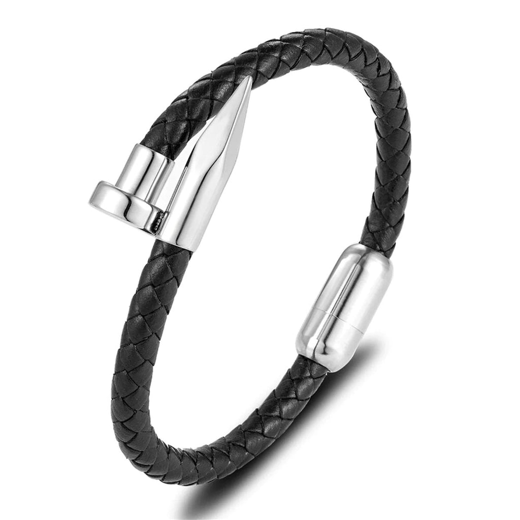 Gothic Nail Punk Black Silver Stainless Steel Braided Leather Bracelet - Edgy and Fashionable
