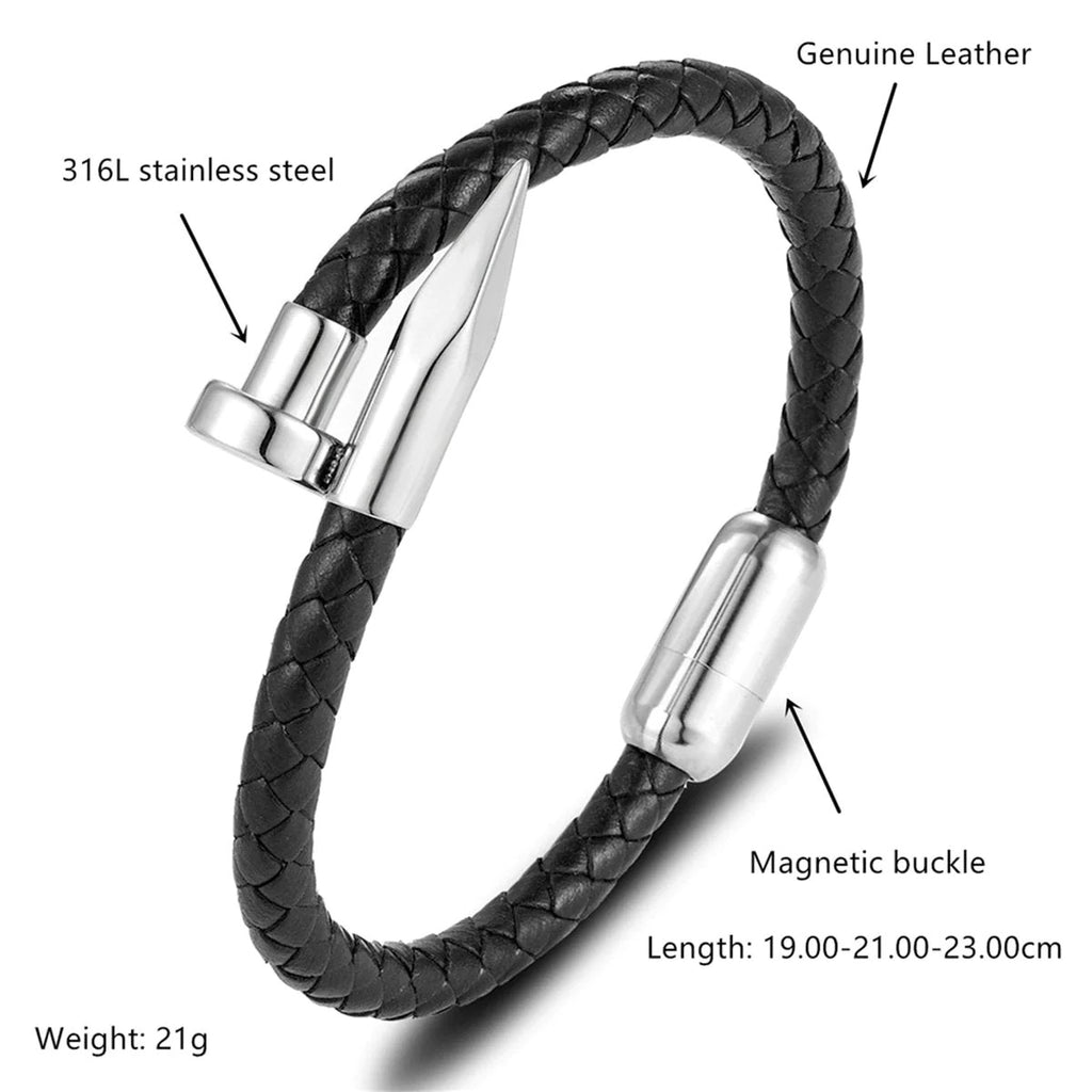 Gothic Nail Punk Black Silver Stainless Steel Braided Leather Bracelet - Edgy and Fashionable