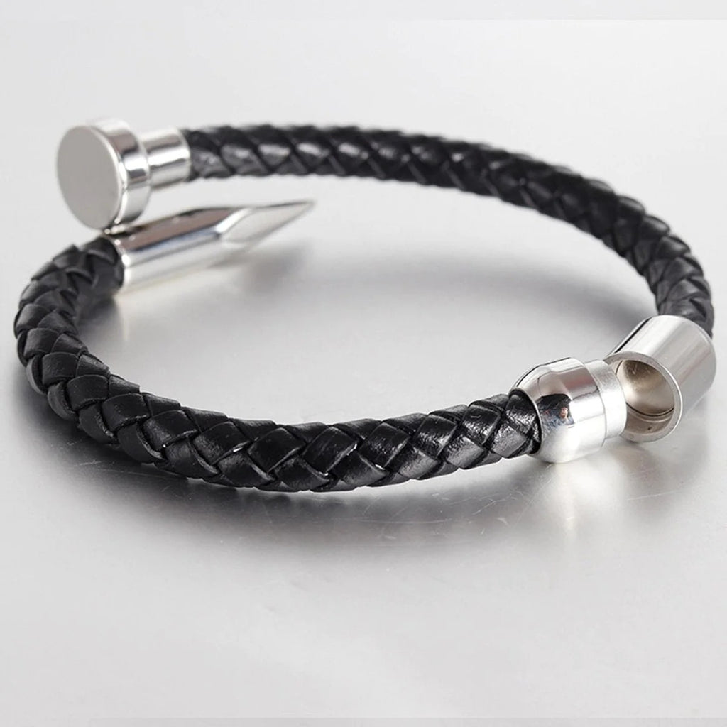 Gothic Nail Punk Black Silver Stainless Steel Braided Leather Bracelet - Edgy and Fashionable