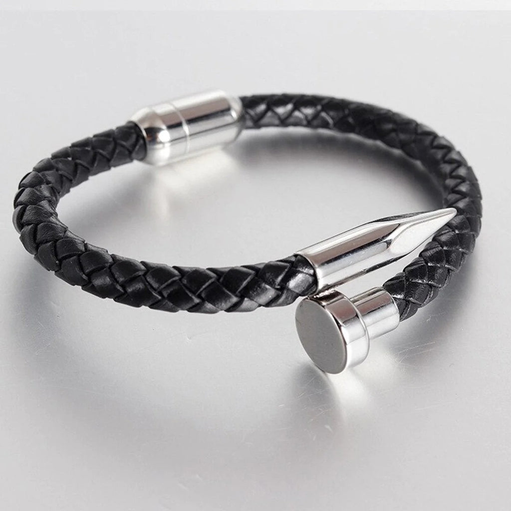 Gothic Nail Punk Black Silver Stainless Steel Braided Leather Bracelet - Edgy and Fashionable