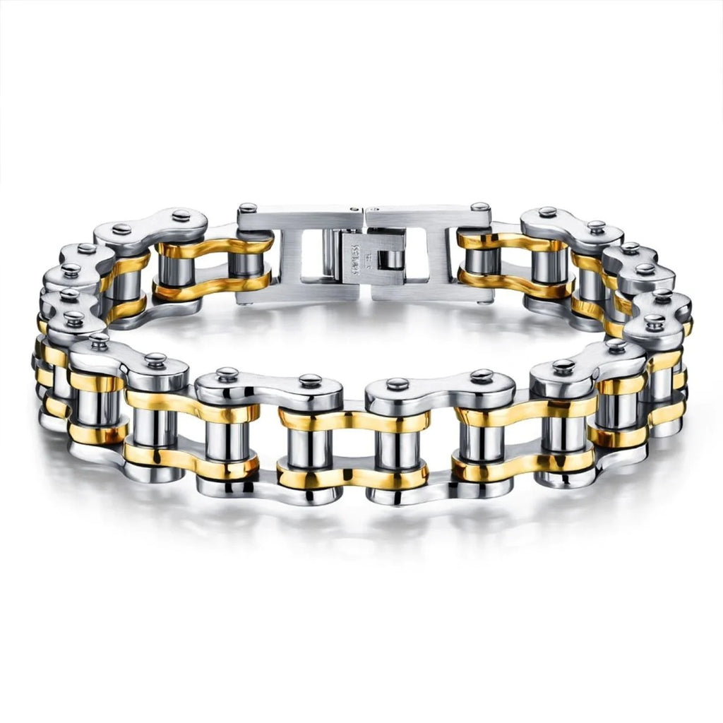 Biker Motorcycle Chain 18K Gold Silver Heavy Stainless Steel Bracelet - Bold Statement Piece