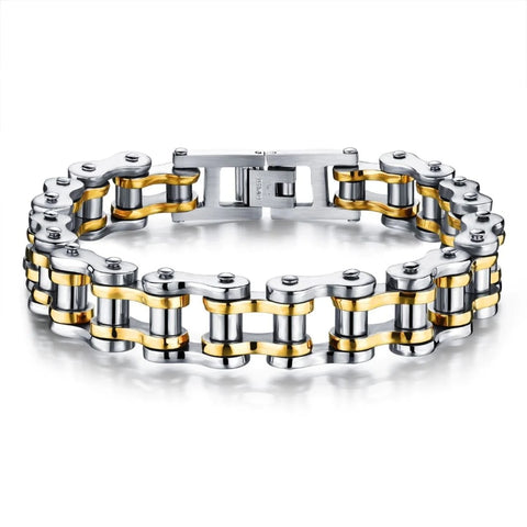 Biker Motorcycle Chain 18K Gold Silver Heavy Stainless Steel Bracelet - Bold Statement Piece