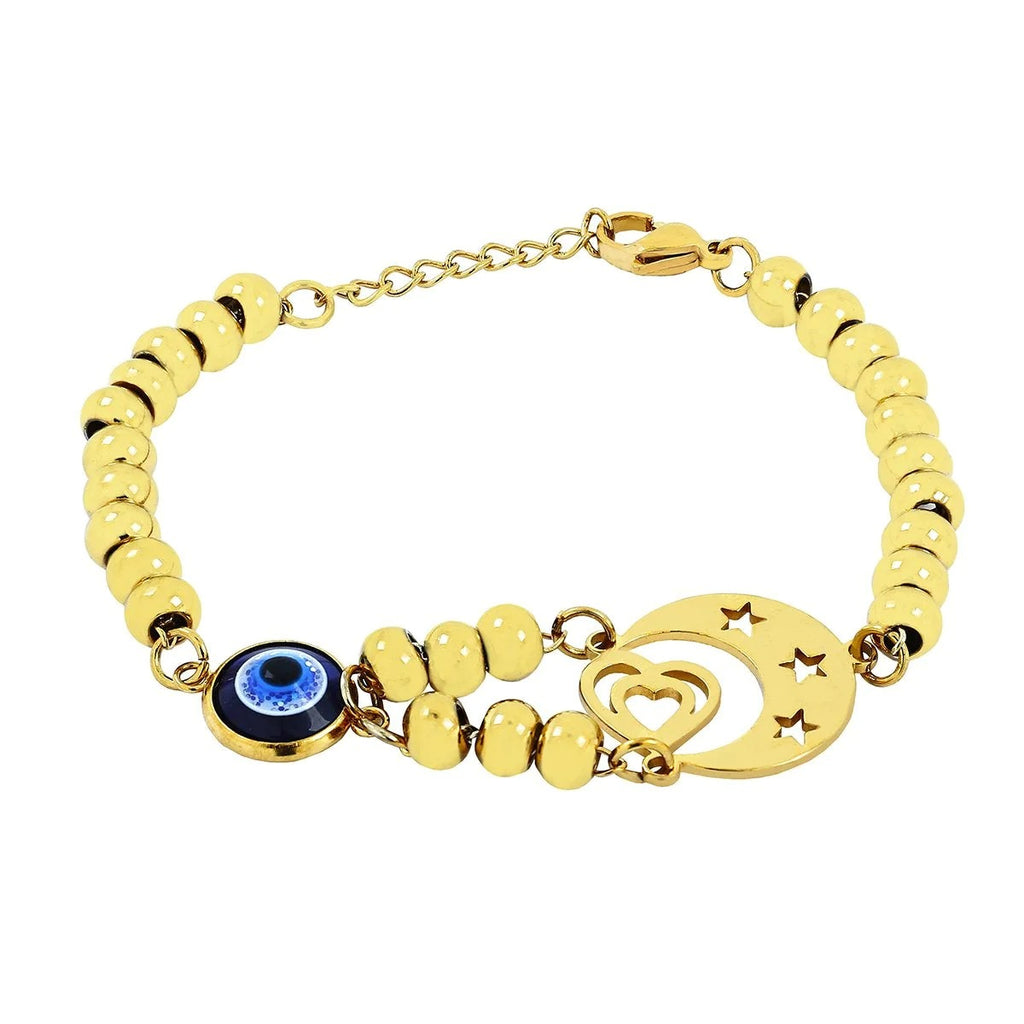 Lucky Crescent Turkish Blue Evil Eye Rose Gold Stainless Steel Bracelet